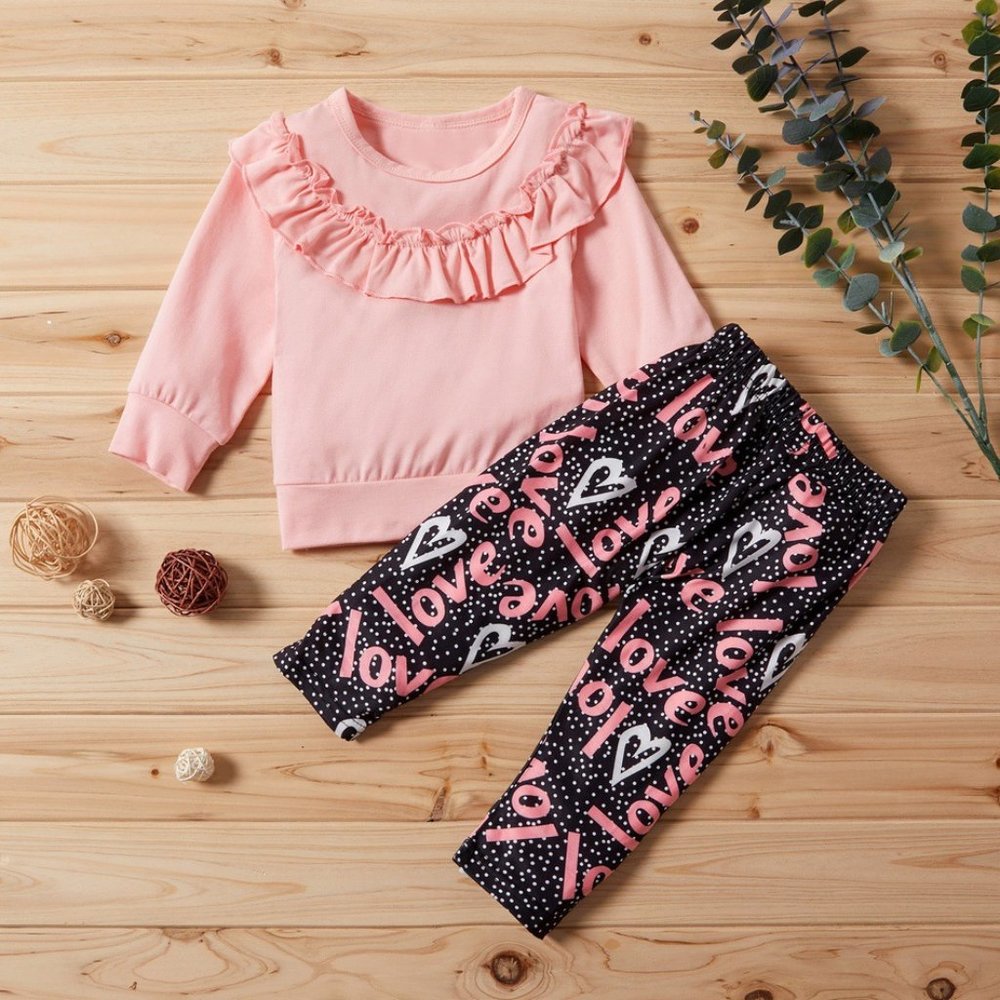 Pink Ruffle Sweatshirt and Black Love Leggings 2pcs Baby Outfit